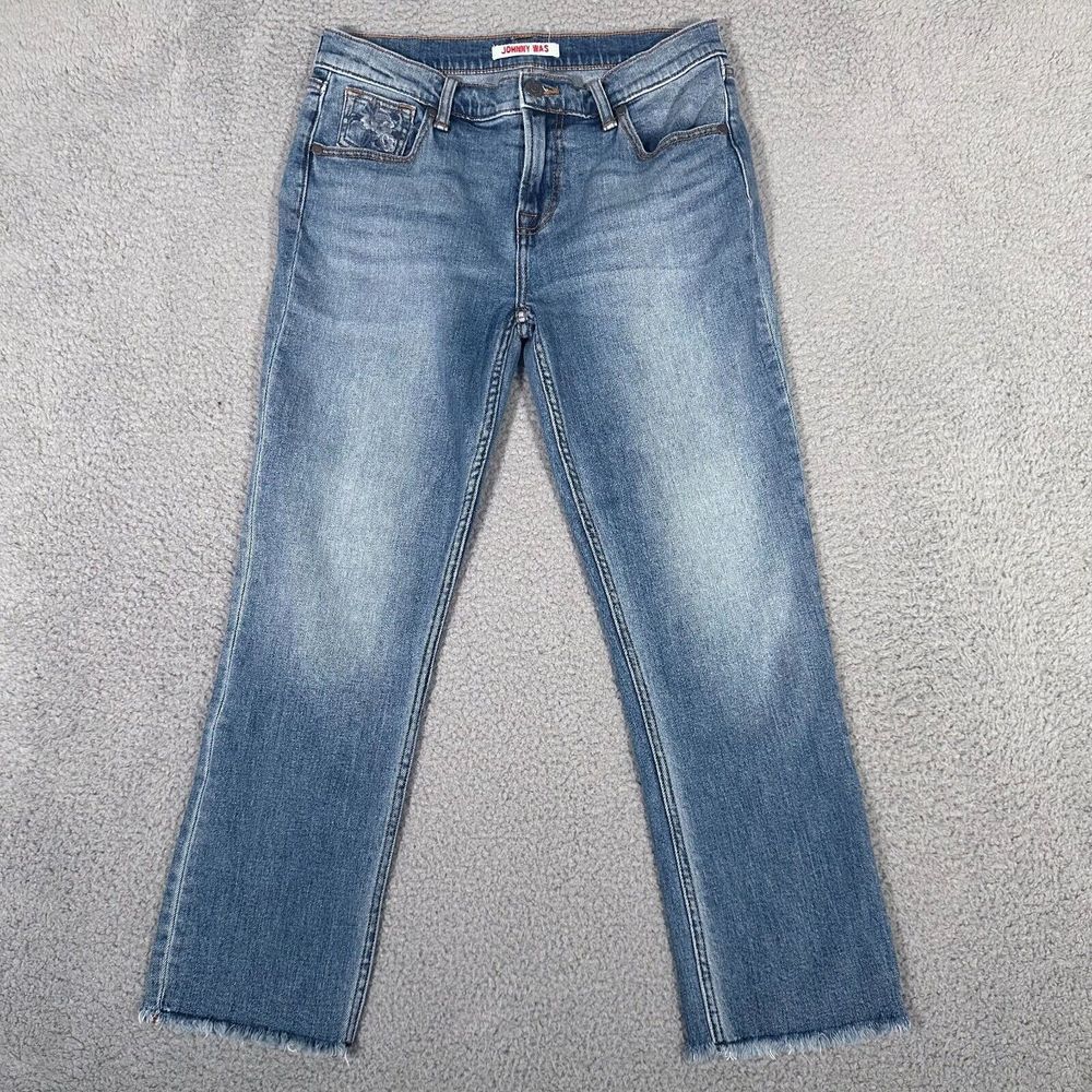 Johnny Was Jeans Womens 25 Cropped‎ Boyfriend Denim Mid Rise Relaxed Frayed Hem